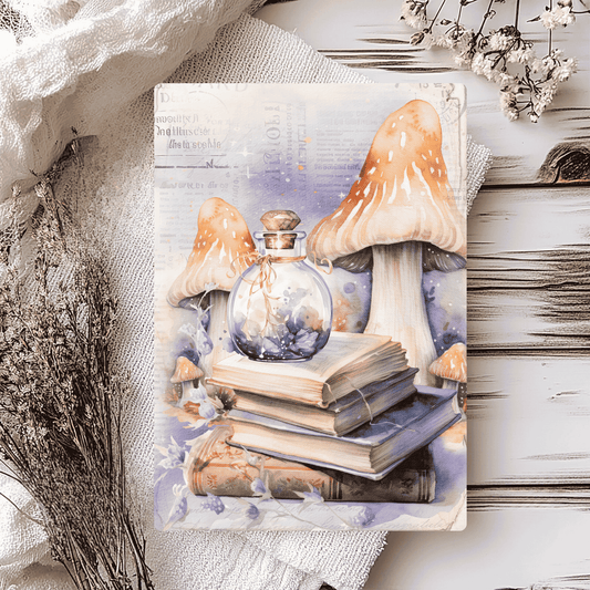 Alchemist birthday card with alchemy elements to the design, shown on a wooden background.