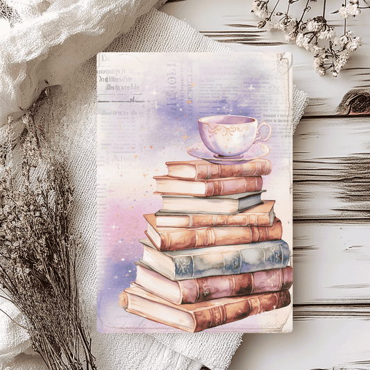 Greetings cards with alchemist books and a cup and saucer on top of the books, the background of the card features script text.