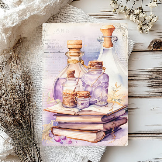 Greetings card with potion bottles and spell books on a wooden background