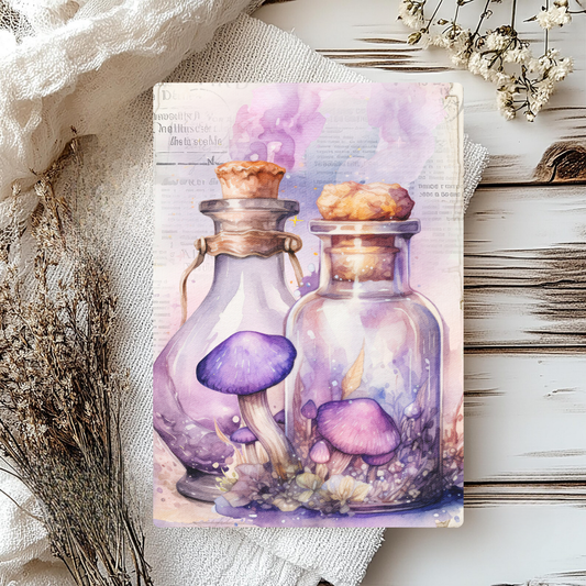 Greetings card showing alchemist bottles and mushrooms with script behind.