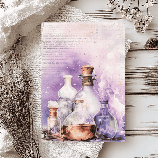 Image of an A5 alchemy greeting card showing potion bottles and small script.