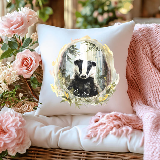 Decorative cushion with a badger illustration on a soft pink blanket with flowers and a pink blanket.