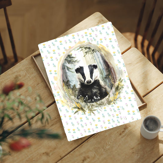 Print of a badger surrounded by flowers on a wooden table.