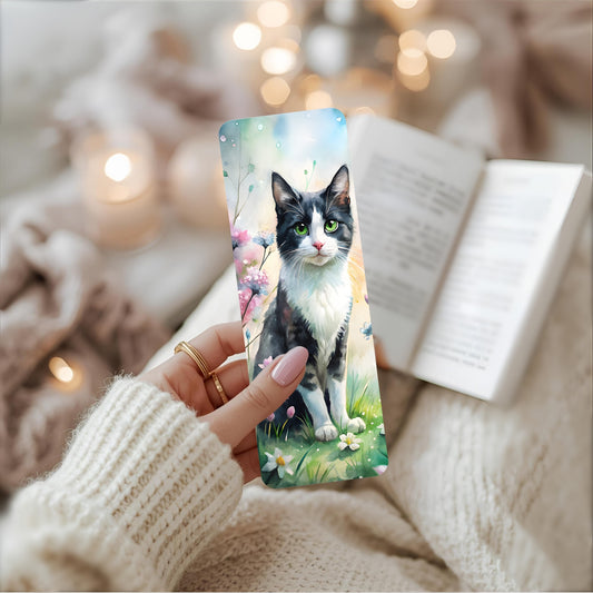 Person holding a bookmark with a cat design against a cosy background.