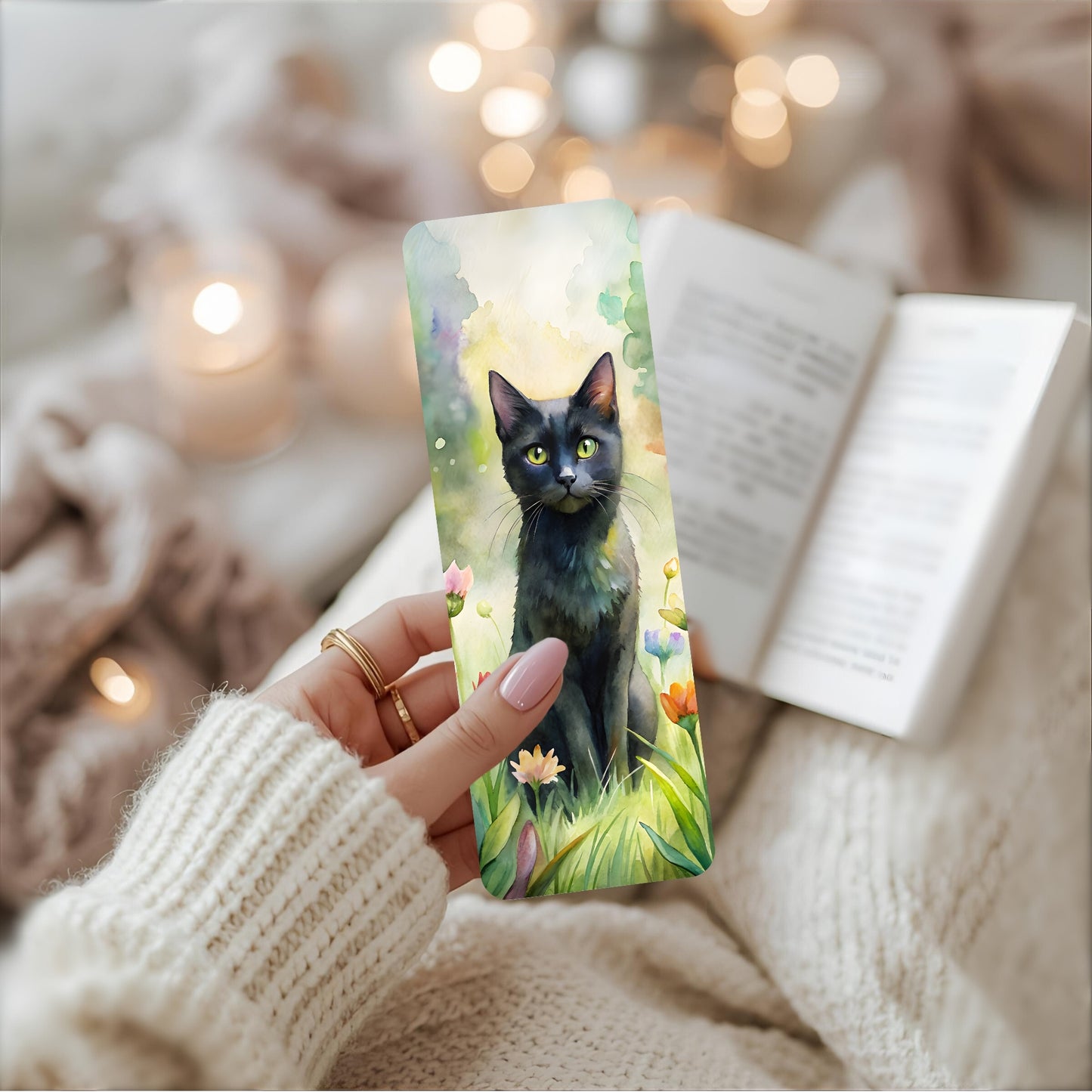 Person holding a bookmark with a black cat design, surrounded by soft lighting and cosy fabric.