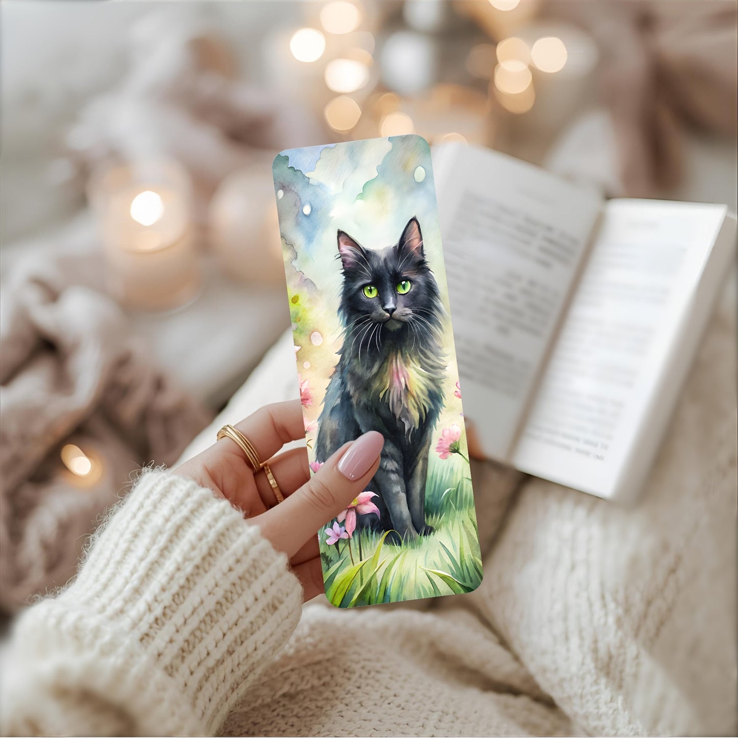 Person holding a bookmark with a cat design, surrounded by soft lighting and cosy background.