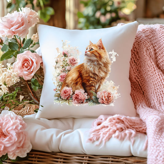 Decorative cushion with a cat and floral design on a soft pink blanket with flowers.