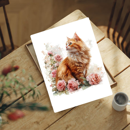 Print of a ginger cat surrounded by flowers on a wooden table.