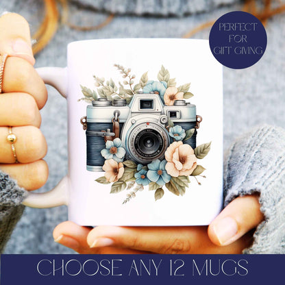 Ceramic mug held in hand with camera illustration and the text choose any 12 mugs