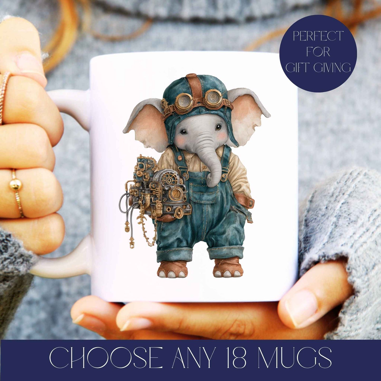 Image showing ceramic mug with elephant on the front held in a persons hands, text reads choose any 18 mugs and perfect for gift giving.