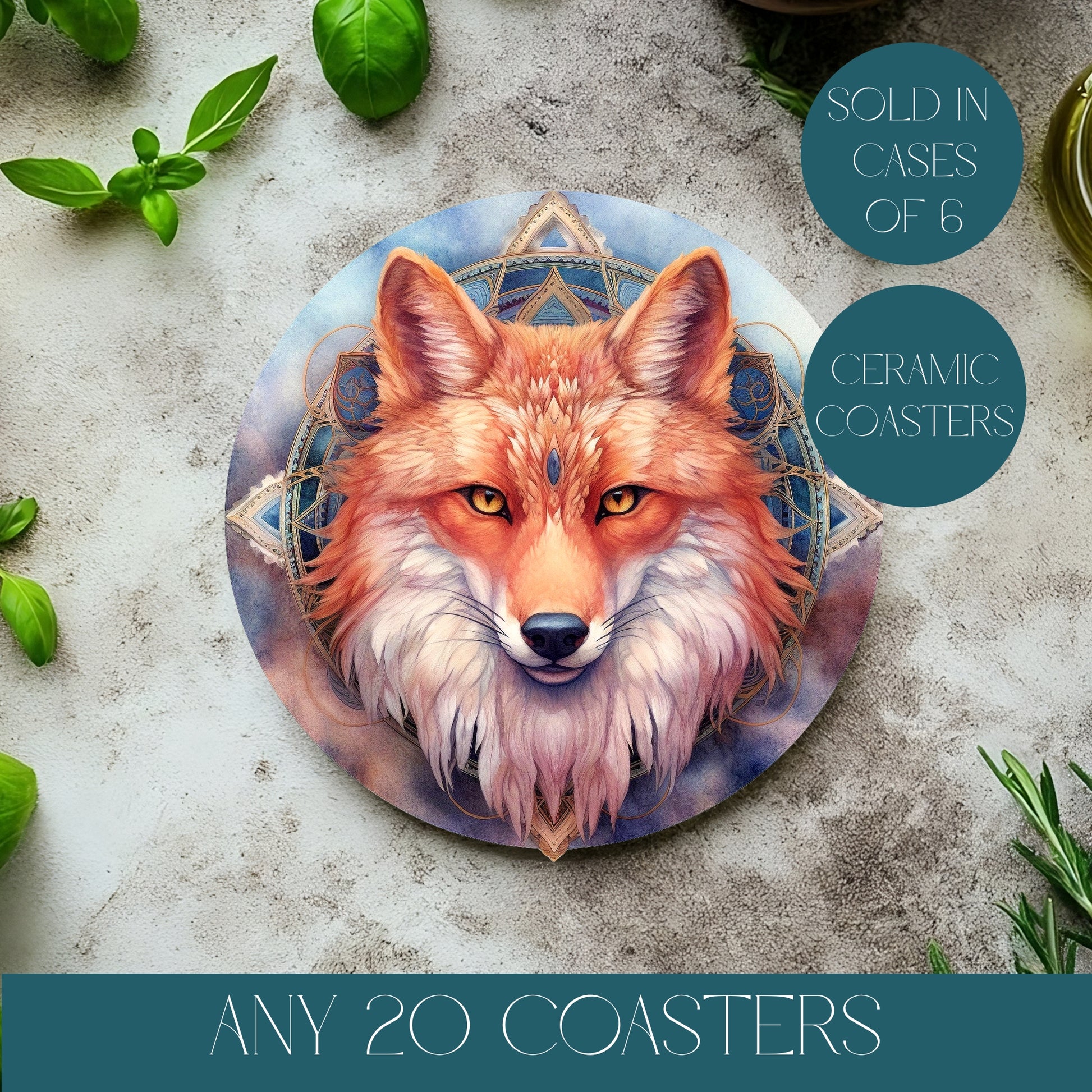 Image showing beautiful fox coaster, text reads any 20 coasters, sold in cases of 6, ceramic coasters.