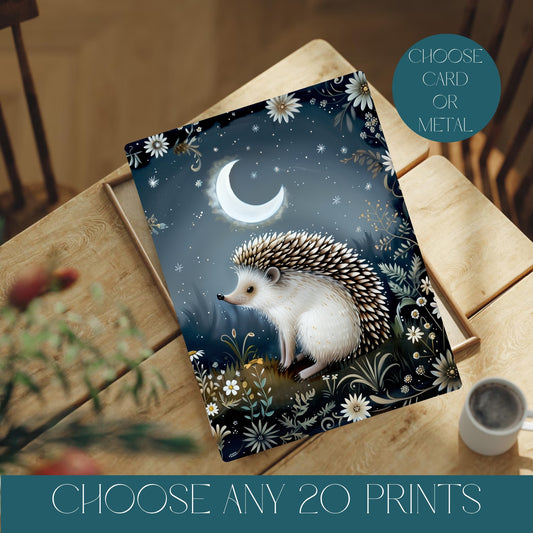 Hedgehog design on a cardstock or metal product with a night sky and moon background, placed on a wooden surface. Text reads choose any 20 prints
