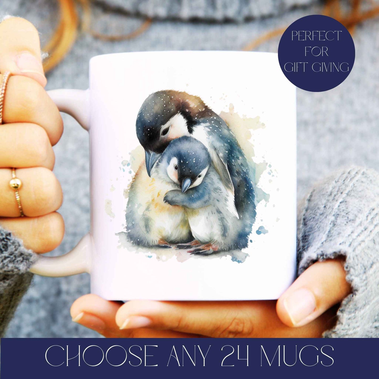 Image showing a person holding a white ceramic coffee mug with a penguin on, text reads choose any 24 mugs