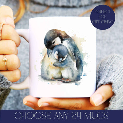 Image showing a person holding a white ceramic coffee mug with a penguin on, text reads choose any 24 mugs