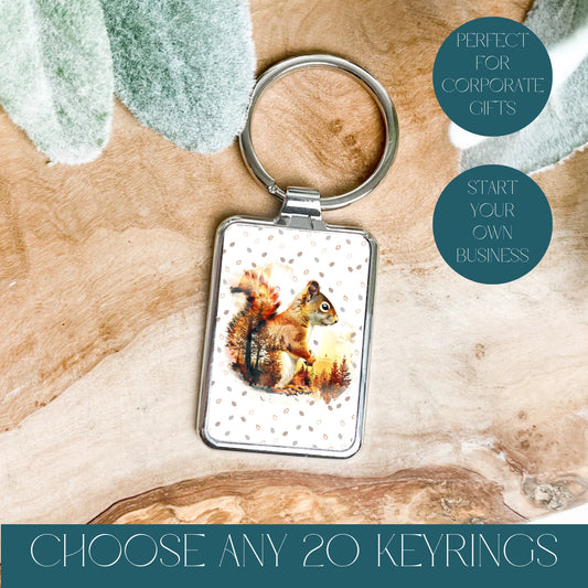 Image showing a squirrel keyring in woodland setting, text reads choose any 20 keyrings