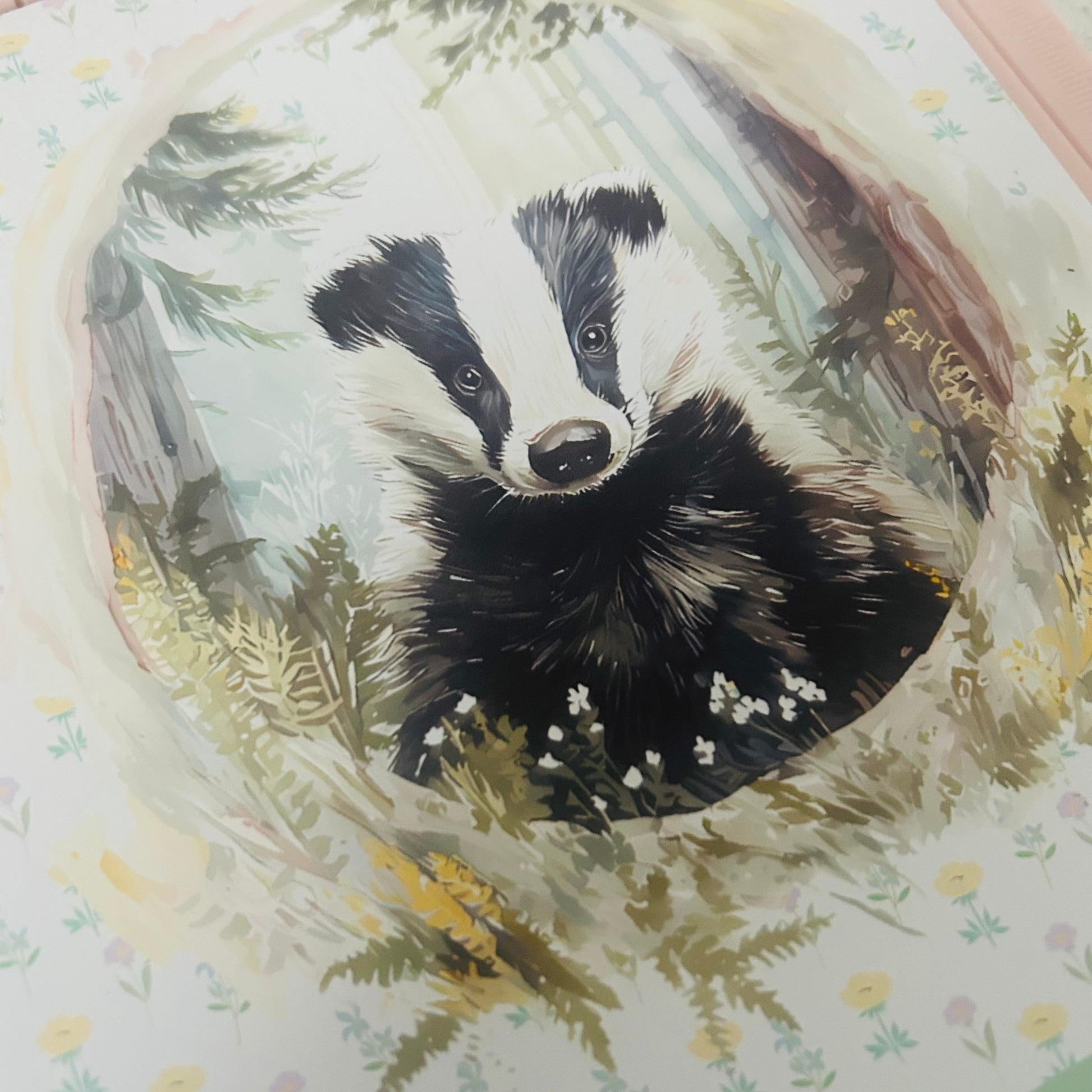 Illustration of a badger surrounded by nature on a floral-patterned background