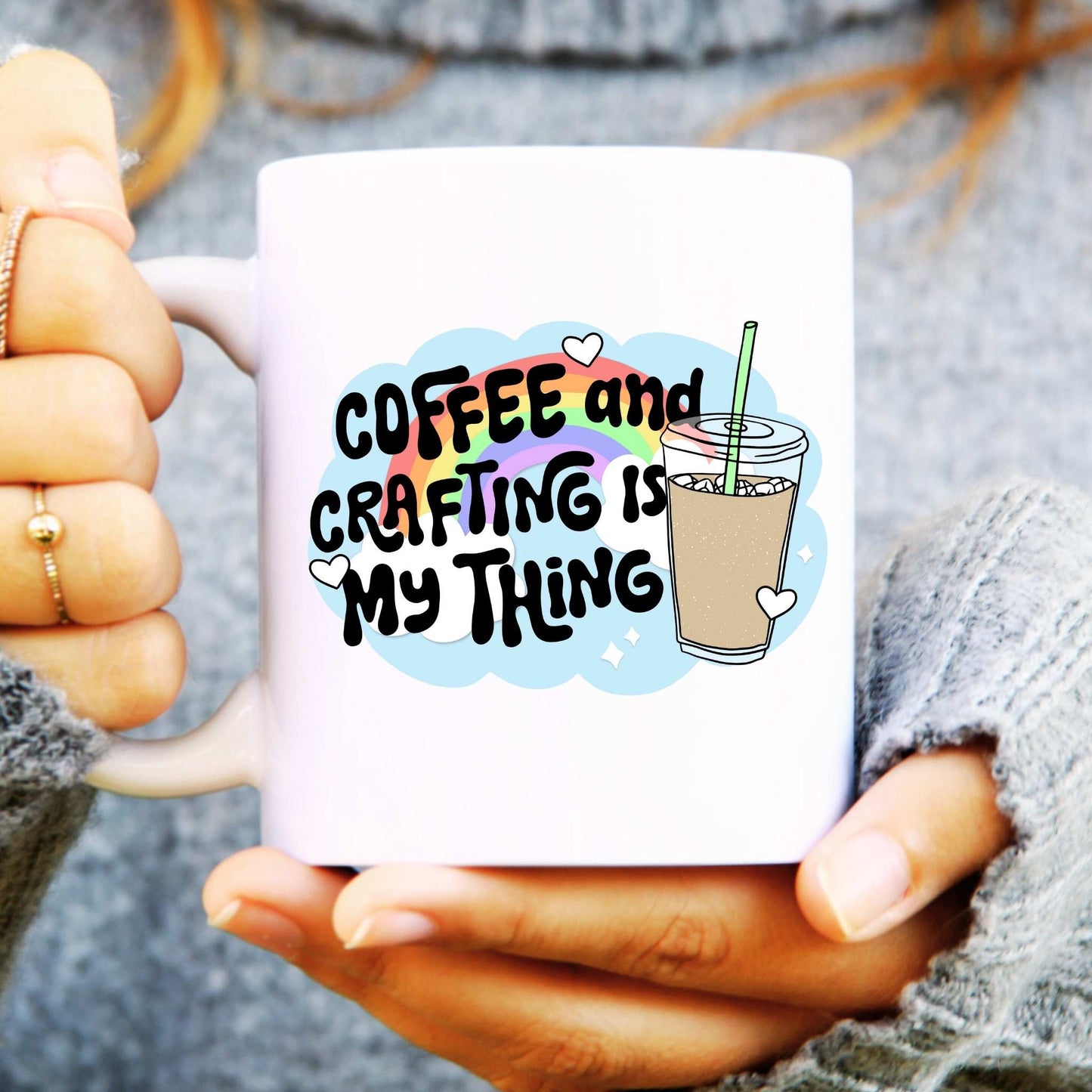 White ceramic mug with a coffee cup, text reads "coffee and crafting is my thing"