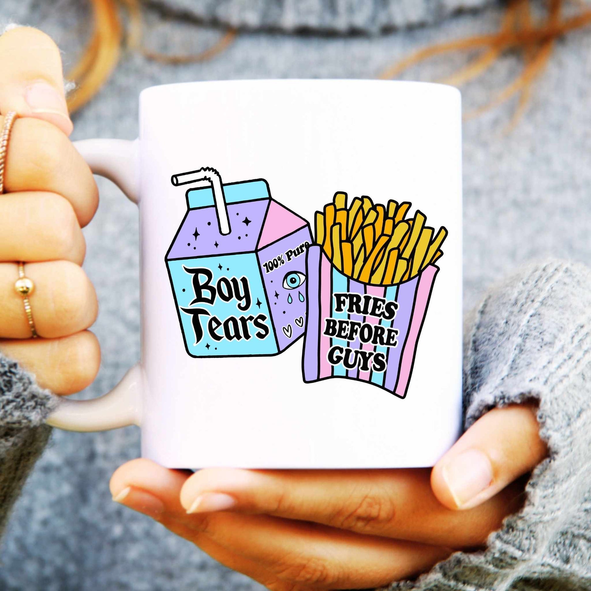 Ceramic mug held in hands with carton and fries illustration, text reads "Boys Tears" and "Fries Before Guys"