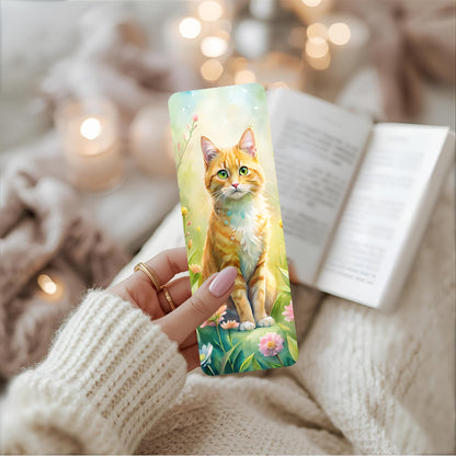 Person holding a bookmark with a cat design against a cosy background