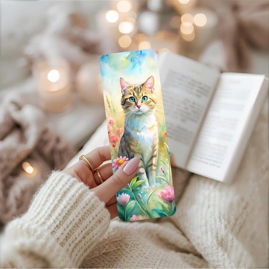Bookmark with a ginger and white cat design held by a person in a cosy setting