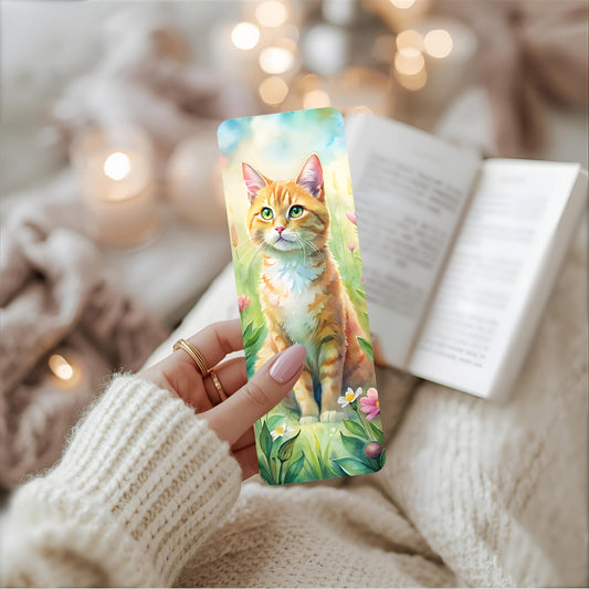 Pretty bookmark with a cat design held by a person in a cosy setting.