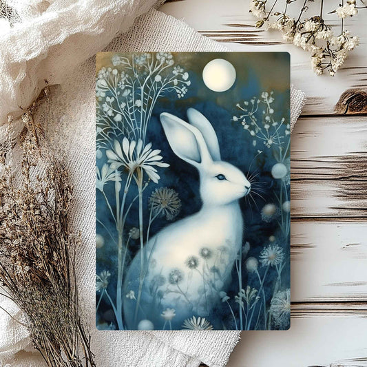 White hare greeting card with the moon in the background and surrounded by floral elements.