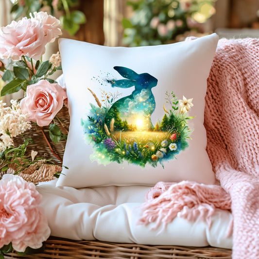 Decorative cushion with a hare design on a couch with flowers and a blanket.