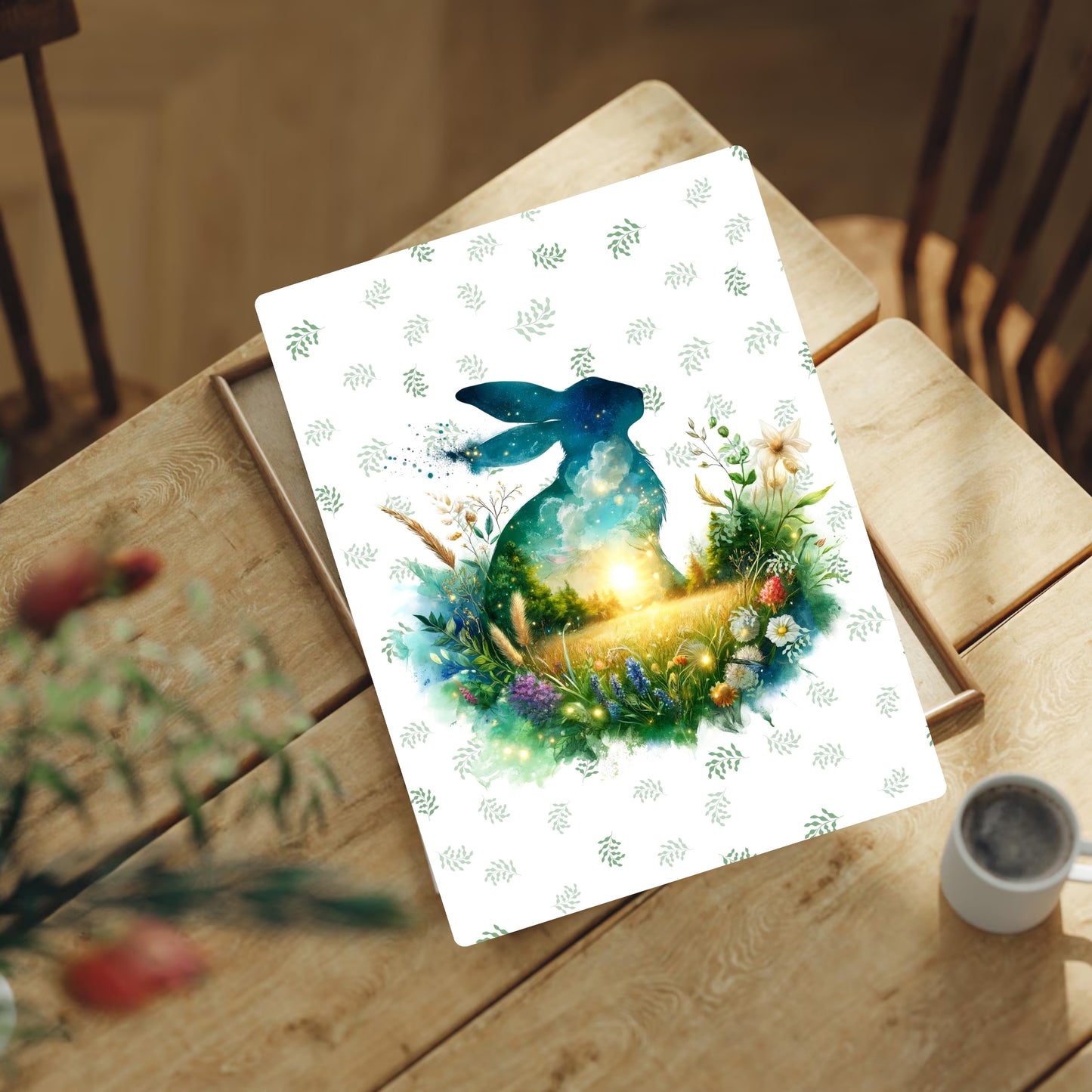 Print with a blue hare and garden design on a wooden table.