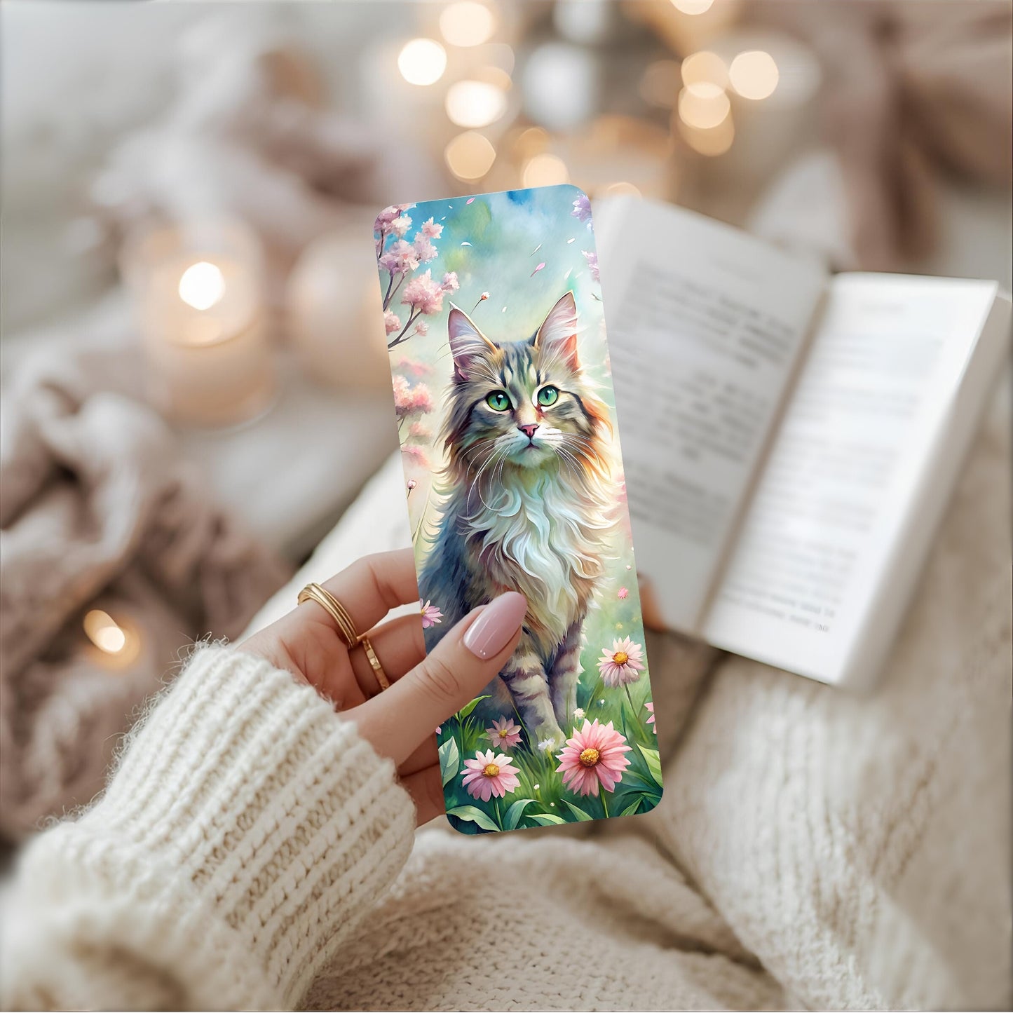 Bookmark with a cat design held by a person with a book in the background