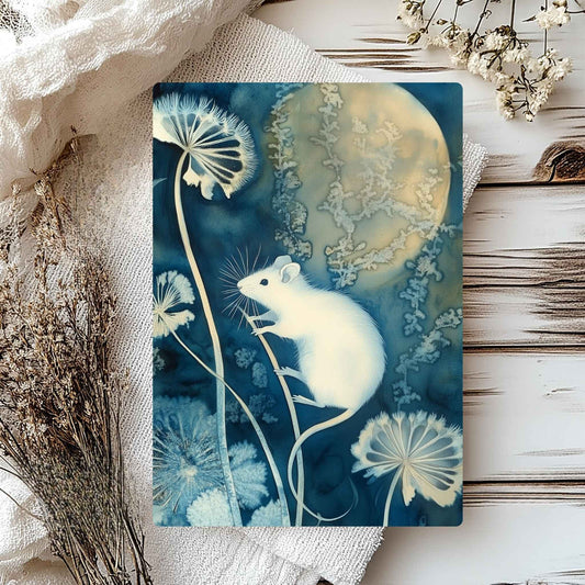 White mouse with the moon in the background and floral elements, A5 greetings card