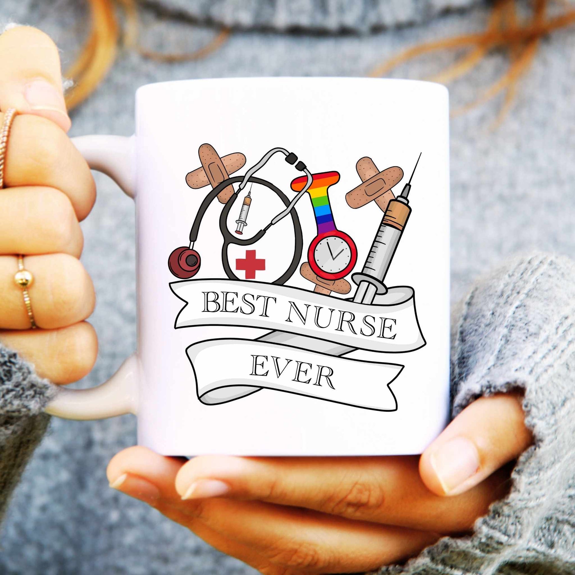 White mug with 'Best Nurse Ever' design held by a person