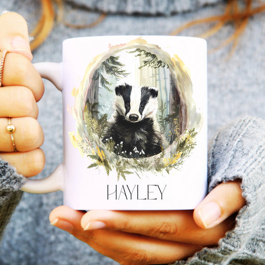 A woman holds a personalised badger mug, showcasing a charming badger design.