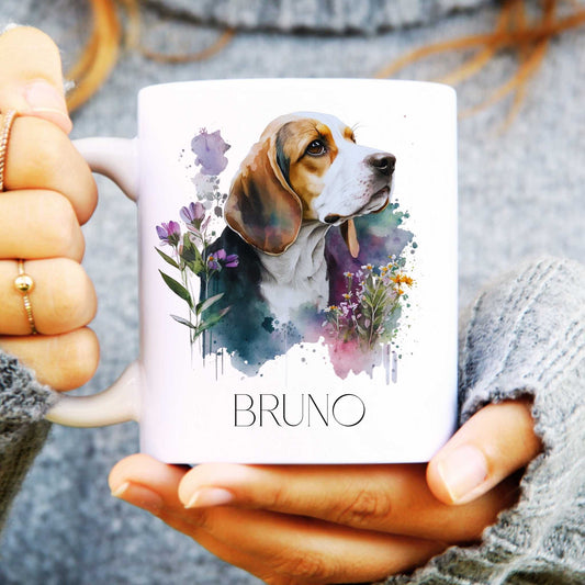 Person holding a mug with a Beagle dog illustration and the name 'Bruno' on it.