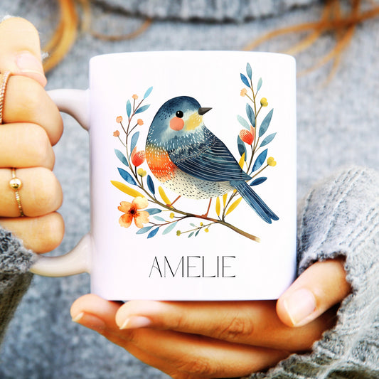 A charming personalised mug featuring a colourful bird design, perfect for bird lovers and unique gift ideas.