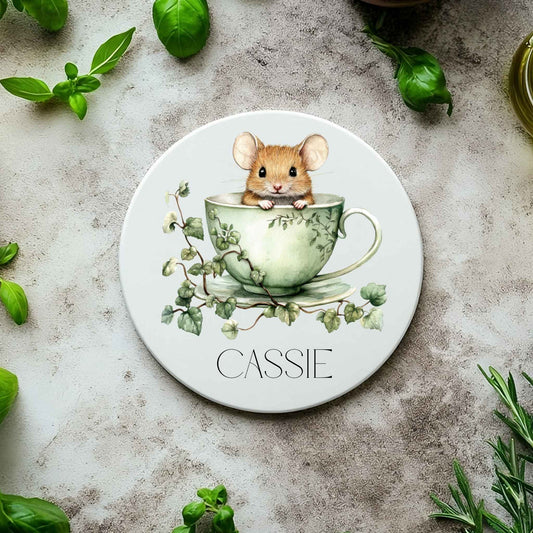 White ceramic coaster with pretty mouse in a teacup, surrounded by Ivy and personalised.