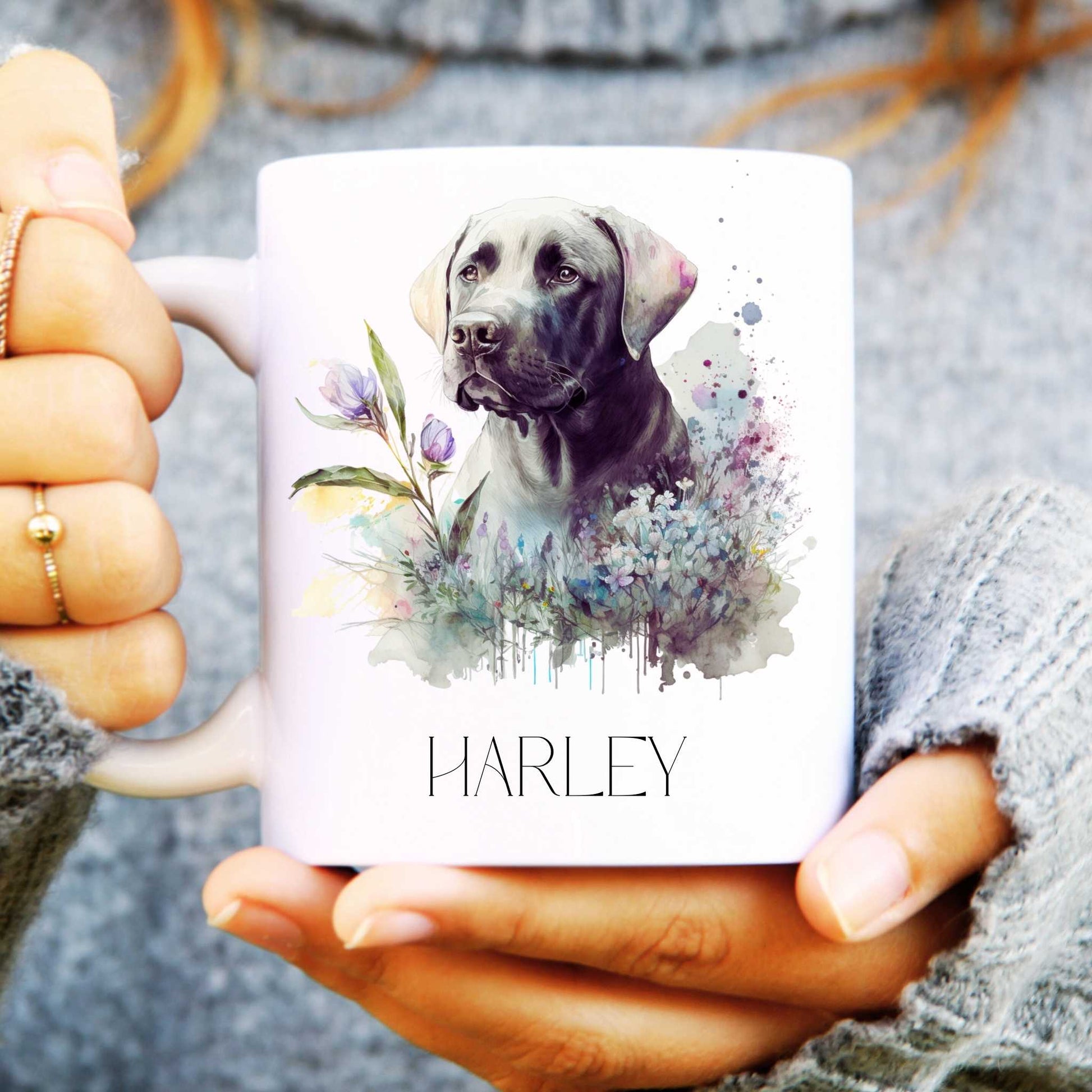 Person holding a mug with a labrador dog illustration and the name 'Harley' on it.