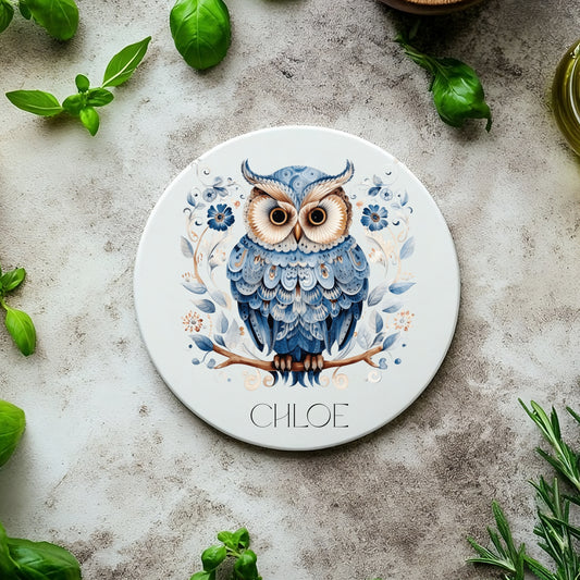 Personalised ceramic coaster featuring a detailed owl design, customizable with a name or message, perfect for owl lovers.
