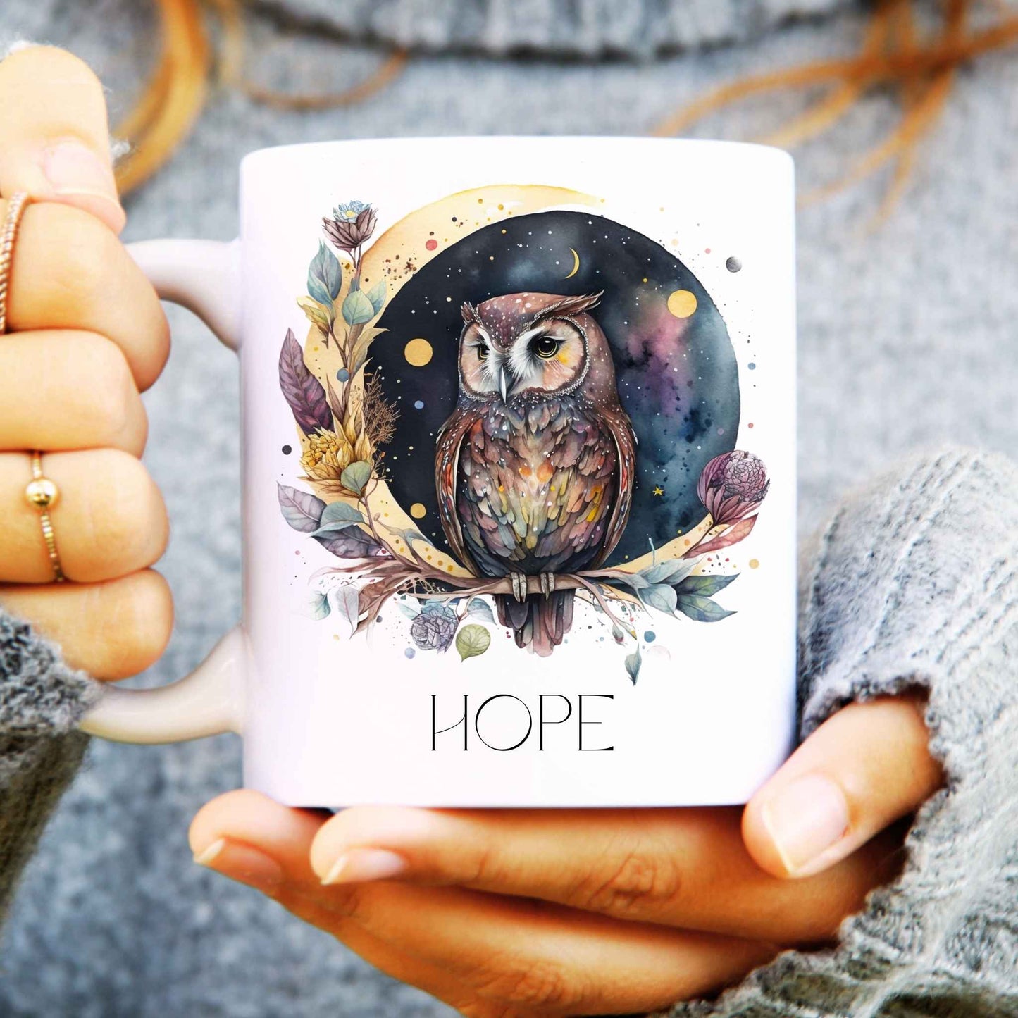 Person holding a mug with a watercolour owl design and 'HOPE' name text.