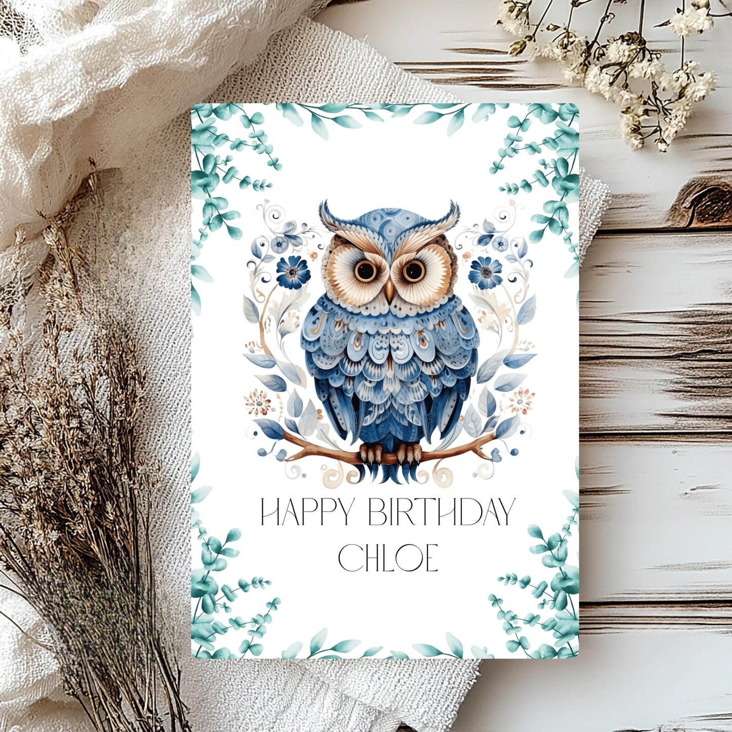 Handmade birthday card with a charming owl illustration, representing wisdom, perfect for personal messages and special occasions.