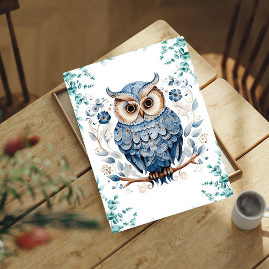 Charming blue owl print on a wooden table with a coffee cup, perfect for adding personality and warmth to your home décor.