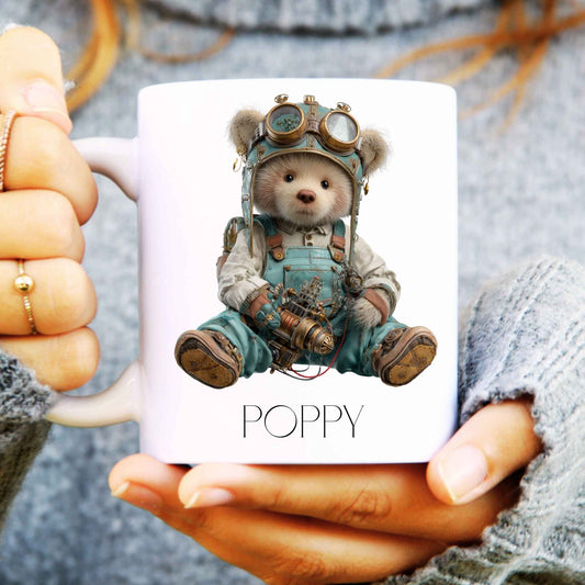Coffee mug being held in hands with cute steampunk bear design and personalisation