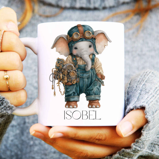 Steampunk elephant design on a white ceramic mug with personalised name.