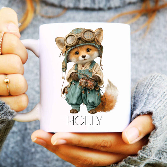 Cute steampunk fox design personalised on a ceramic coffee mug held in hands.