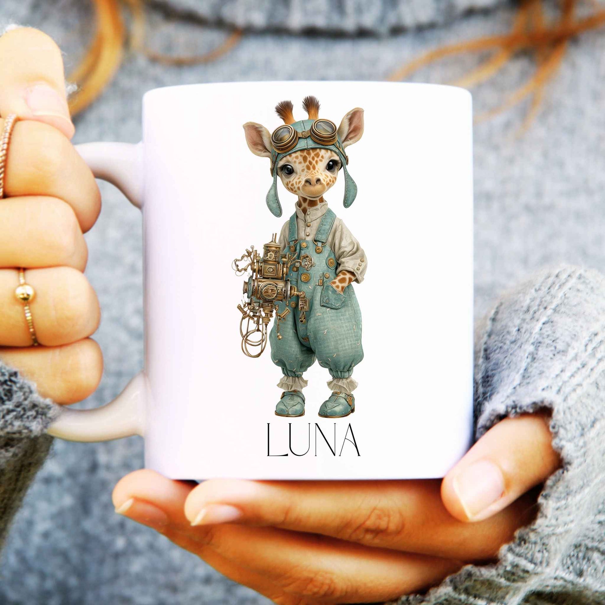 Woman holding a giraffe coffee mug in a steampunk design and personalised.