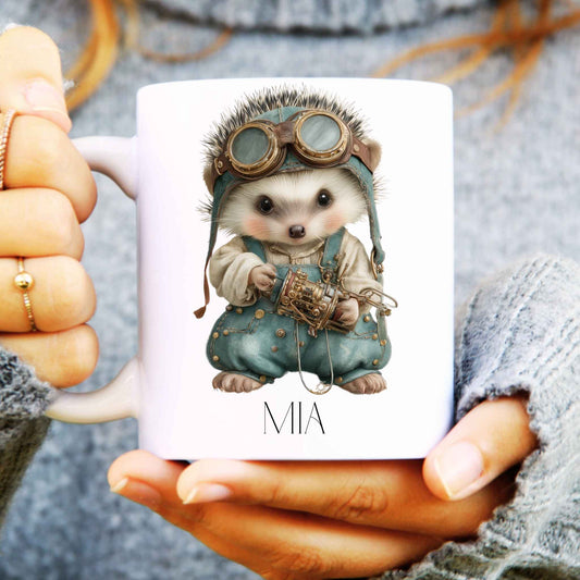 Steampunk hedgehog on a white ceramic coffee mug showing personalisation.