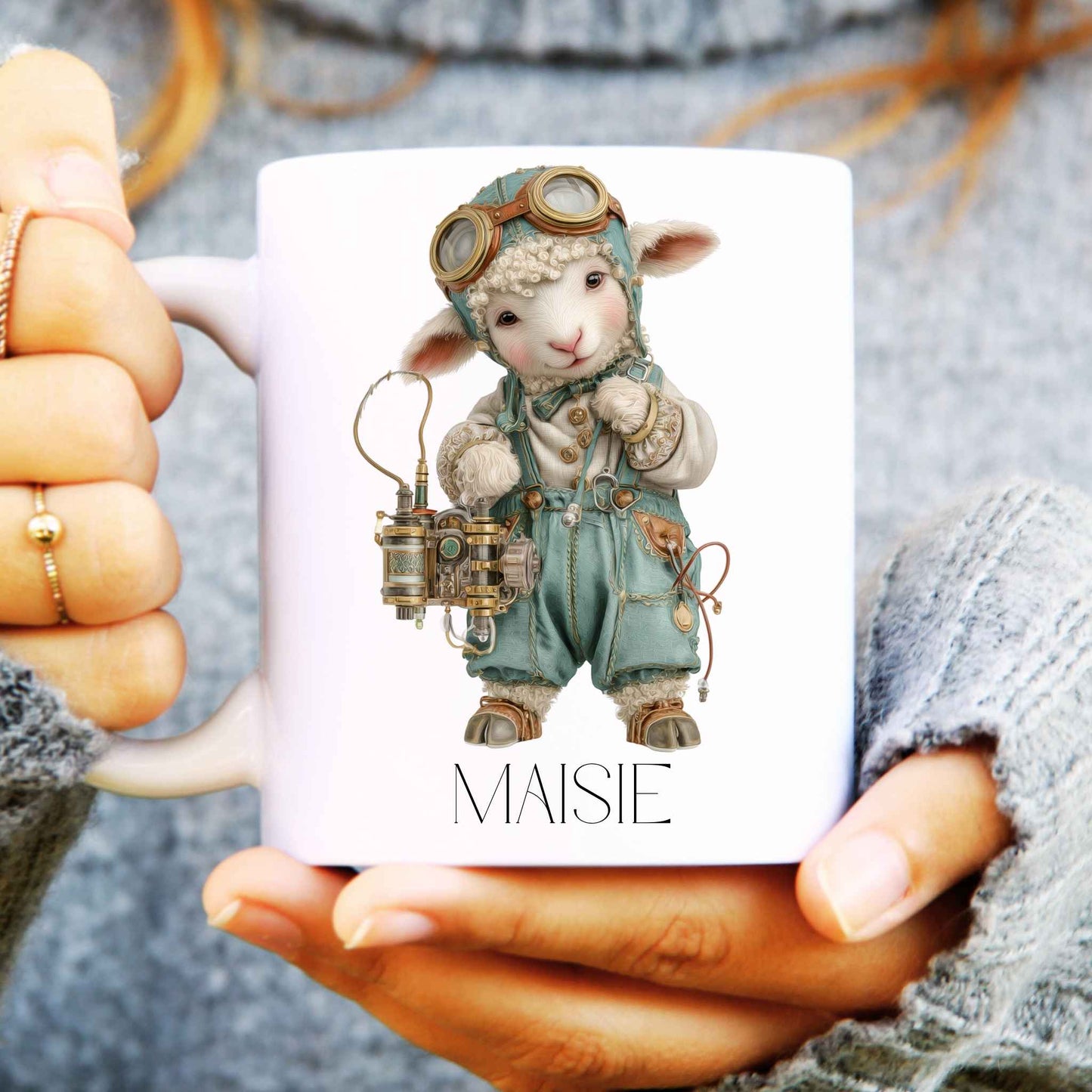 Lady holding a white ceramic mug with steampunk lamb on the front and personalised with a name.