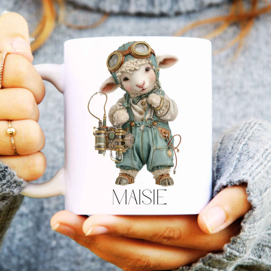 Lady holding a white ceramic mug with steampunk lamb on the front and personalised with a name.