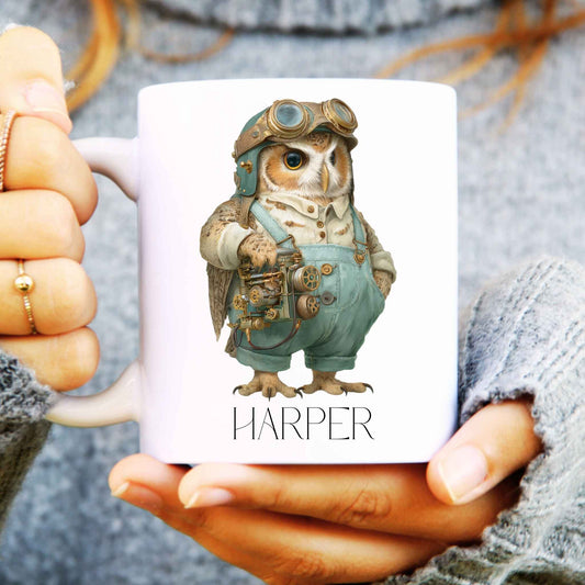 Steampunk owl design on a white ceramic mug personalised with a name.