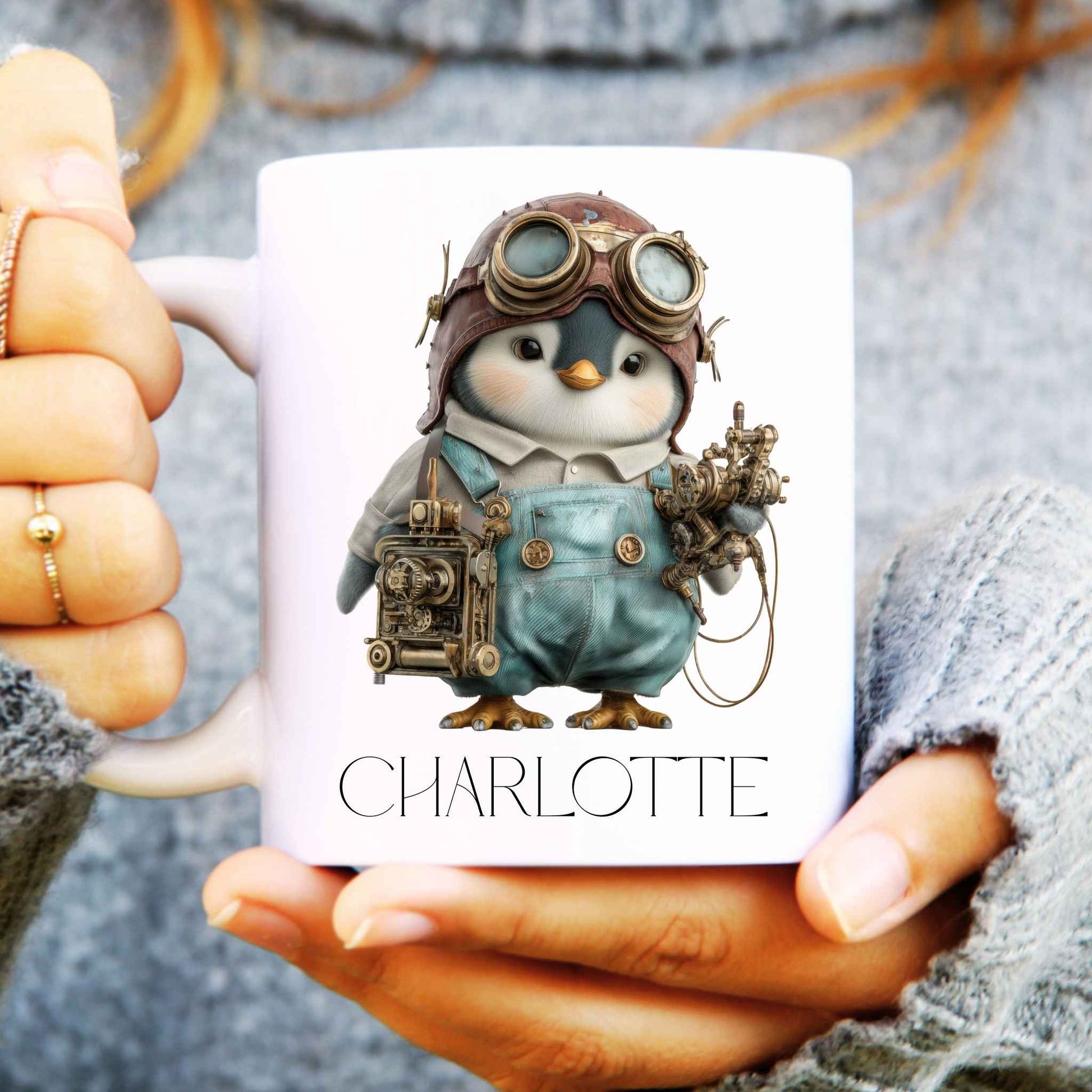 Steampunk design penguin on a white coffee mug personalised at the bottom.