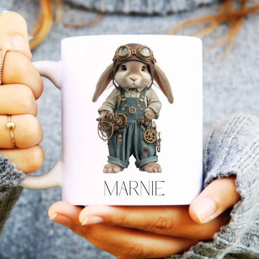 Ceramic mug with a rabbit on the front with steampunk design and personalised.